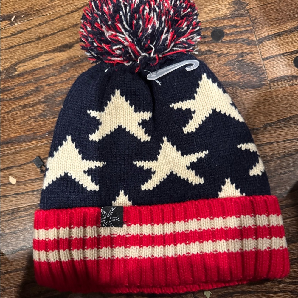 Navy Star Knit Beanie with Pom-Pom